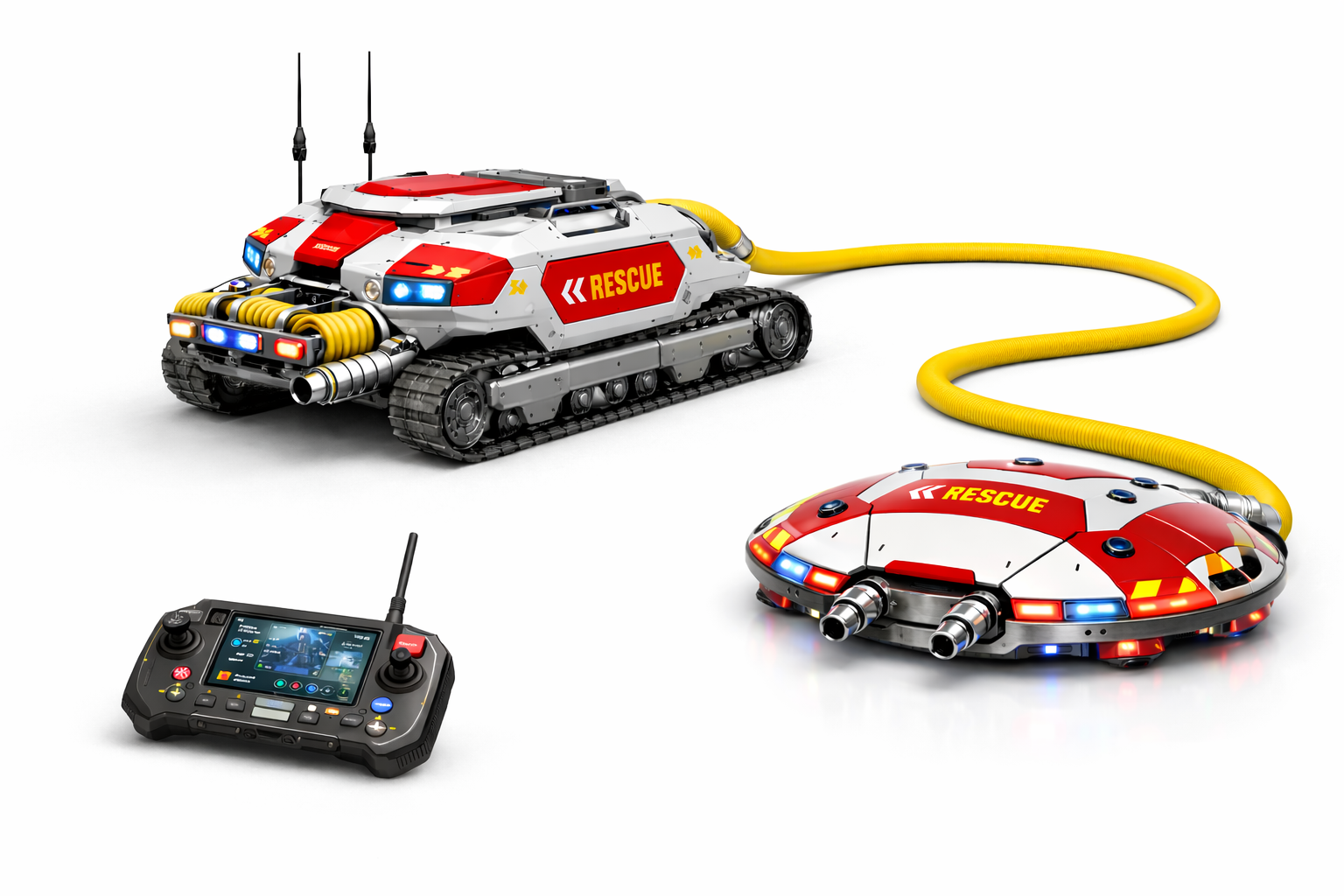 Tarapin firefighting system with base unit, forward unit, and handheld controller