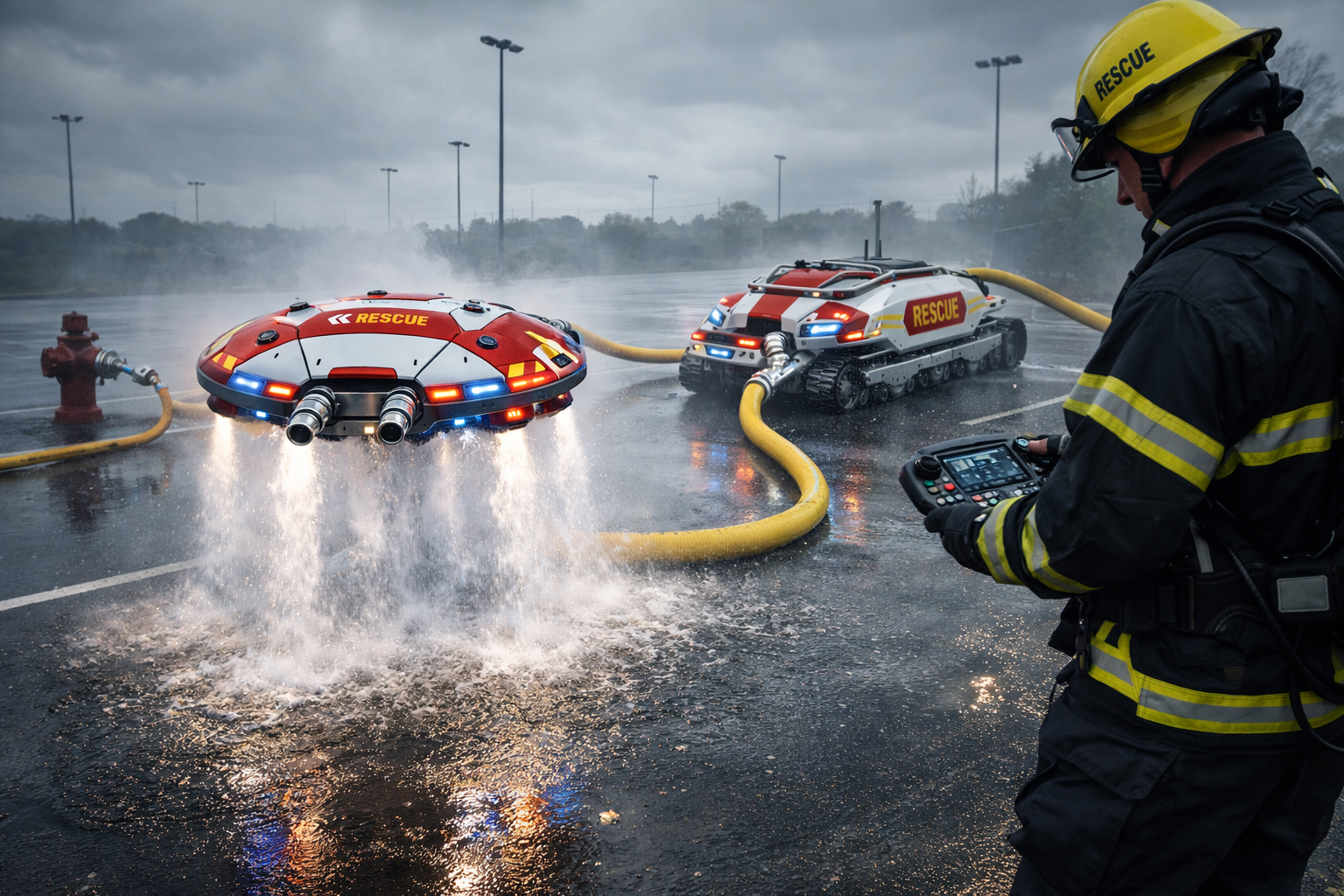 Tarapin remote firefighting system demonstration in a parking lot